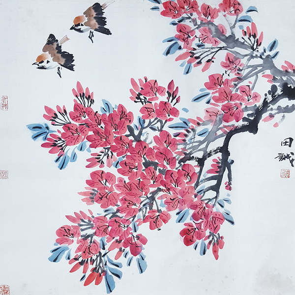 田诚《鸟语花香》4尺斗方