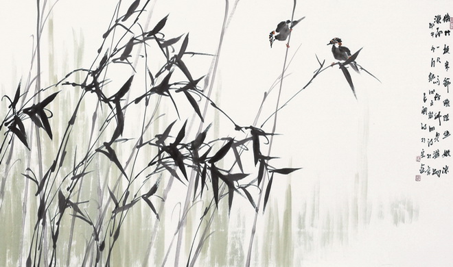 鞠占圃《修竹挺寒节》138x68cm